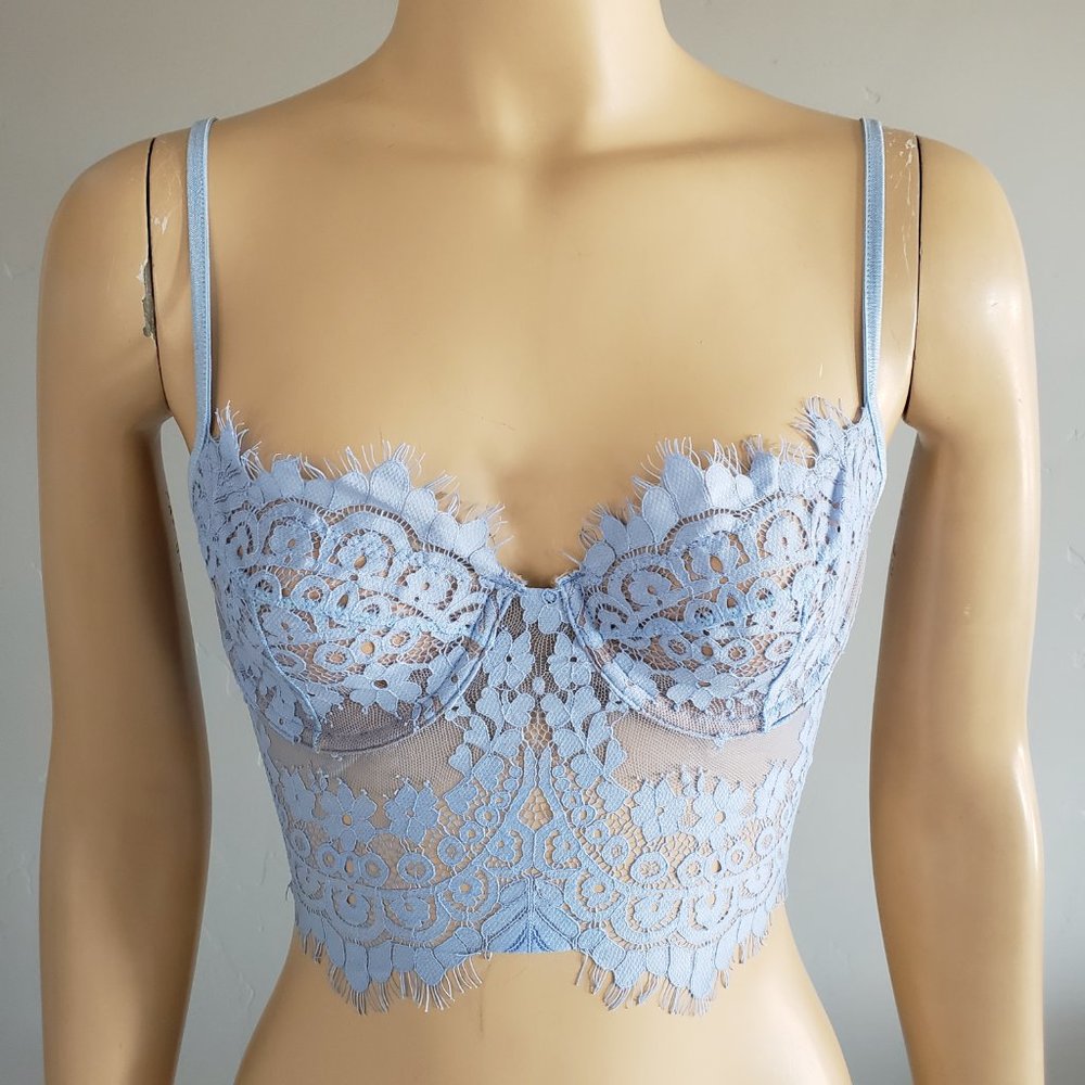 Fashion Nova Honeybum Eyelash Lace Light Blue Bralette Bustier Crop Top Small